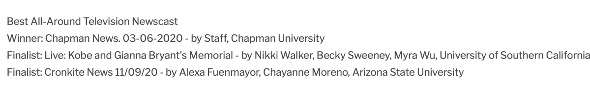 Bragging rights:  we are so proud of the great teamwork <a href="/ChapmanU/">Chapman University</a> <a href="/CU_DodgeCollege/">Dodge College of Film and Media Arts</a> broadcast journalism students <a href="/ChapmanNews/">Chapman News</a>. Honored by SPJ Mark of Excellence college journalism awards: