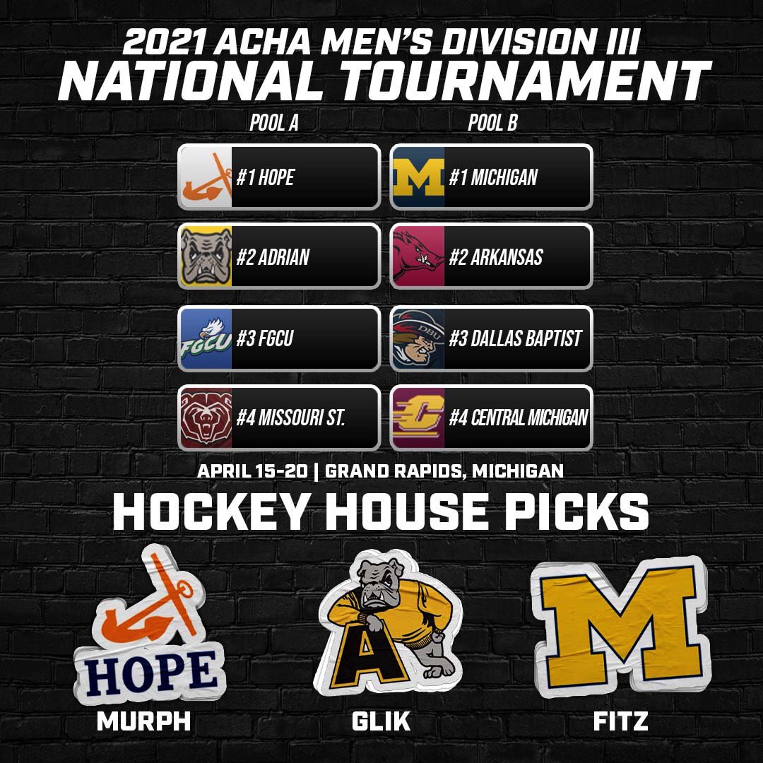 hockeyhousepod's tweet image. The @achamensd3 National Tournament kicks off today in Grand Rapids!

@HopeHockey enters as the number one seed.