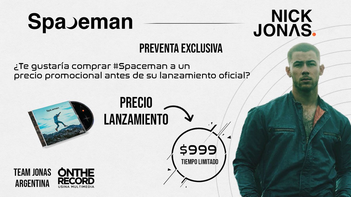 teamjonasargtw's tweet photo. — PREVENTA EXCLUSIVA #SPACEMAN 👨‍🚀 

¡Ya comenzó la preventa oficial para adquirir #Spaceman de @nickjonas en Argentina!

PRECIO LANZAMIENTO: $999
 
Envíos a todo el país 🇦🇷
Cualquier consulta sobre envíos, contactos y para comprar. Lo verán desde acá:

🔗: https://t.co/UTgtiDjZGN https://t.co/MfOaaFso6D