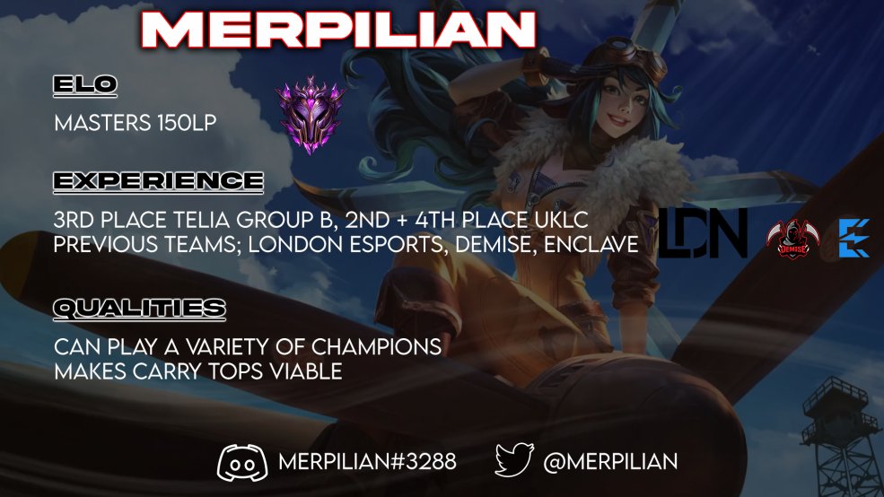 merpilian's tweet photo. I'm now LFT for Summer!

I've improved so much from my first split as a starter, I'm now much more experienced and can't wait to find my next team!

- DM's open
- RT and I will give you an Oreo at next LAN

References available on request. https://t.co/UhIndFwZRo