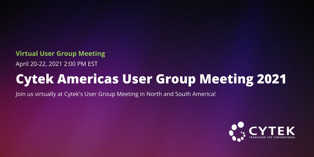 CytekBio's tweet image. If you are a Cytek Aurora or Northern Lights user and live in North or South America, join us at our virtual user group meeting! Space is still available. Come and go as your schedule allows and attend the talks you want to see. hubs.la/H0LdxKQ0