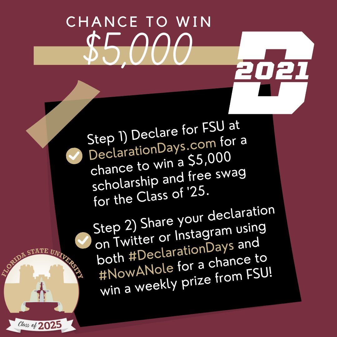 FSUAdmissions's tweet photo. #FSU25 you are AMAZING! We are now in FIRST PLACE in #DeclarationDays 2021! Help us stay in first by declaring for FSU at https://t.co/WzZe1RVewG. You could win a $5k scholarship, and each entry helps FSU compete towards winning free @towbrand hats/shirts for our incoming class! https://t.co/MwP7PbDspQ