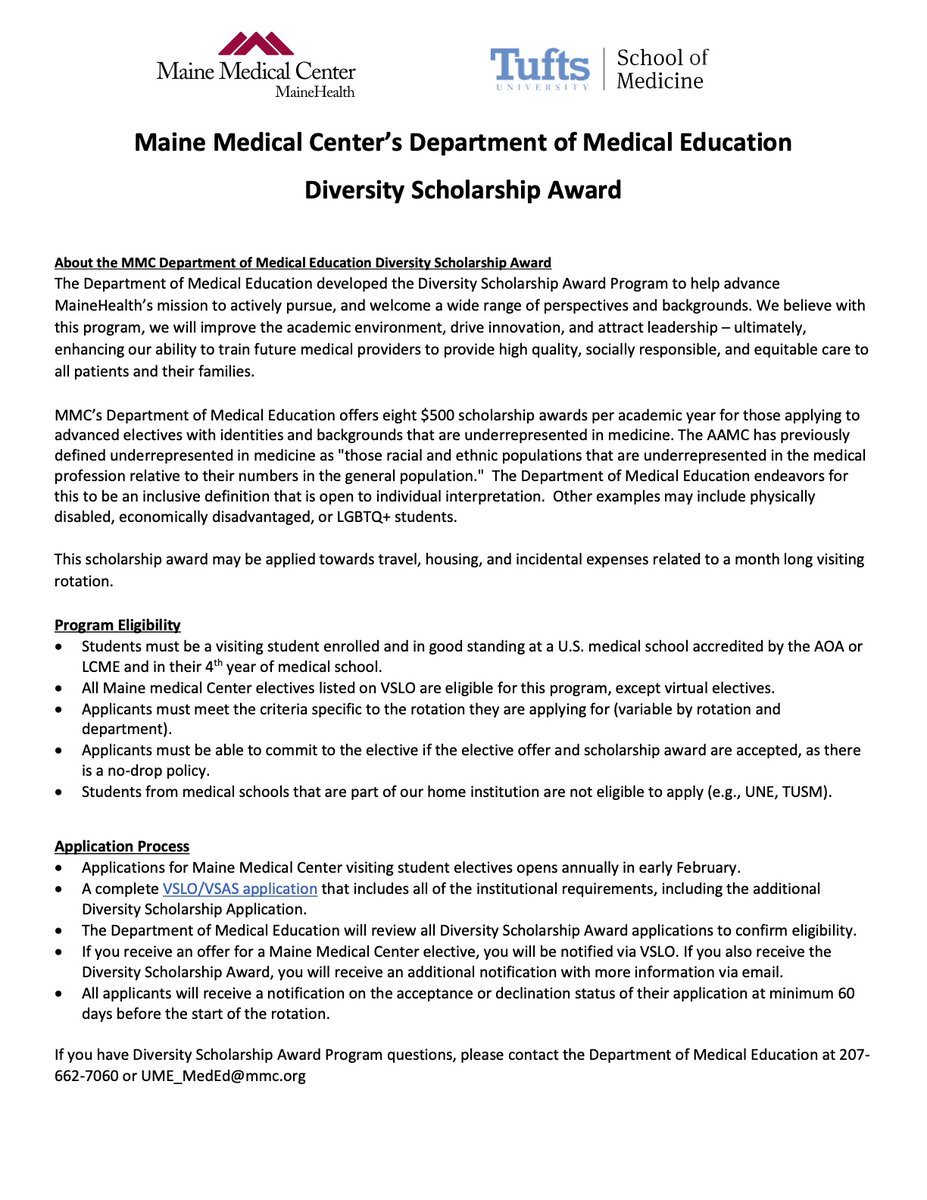 With our first tweet, we are excited to announce that we will be accepting applications for visiting #embound rotations at Maine Medical Center. We also have a Visiting Student Diversity Scholarship Program. <a href="/emresidents/">emresidents</a>  mmcemresidency.org/applying