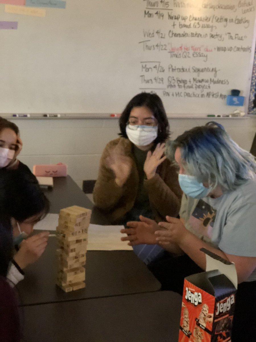MrsReese_AHS's tweet photo. Jenga discussion of The Great Gatsby in #APLit today! Although you can’t see facial expressions well, the volume is loud, and there’s lots of laughter (amid the in-depth discussion)! This is what feeds my teacher-soul! Talking books among friends! #ahshighlanders #highlanderpride https://t.co/J9vrQZ5pLh