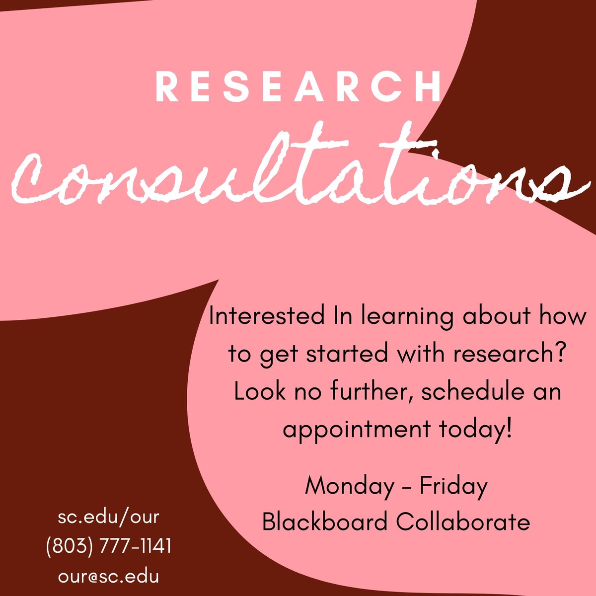 Undergraduate Research Consultations can help you learn about the steps to getting involved with research. Schedule an appointment today with one of our advisors! All appointments are conducted via Blackboard Collaborate. 

sc.edu/our | our@sc.edu | (803) 777-1141