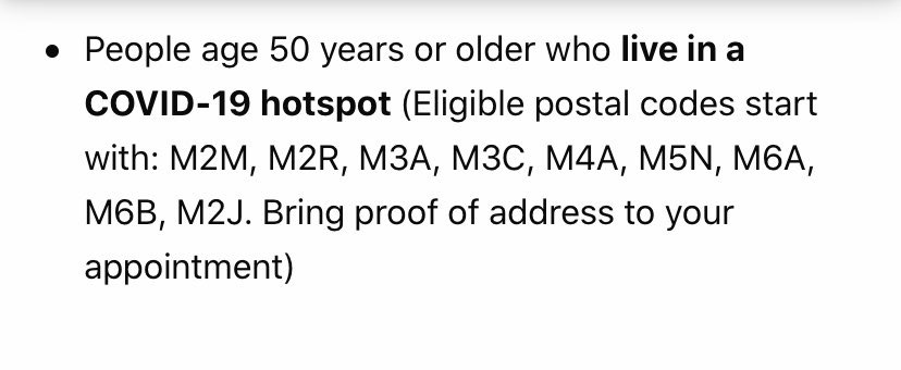 [ON] Many appts available as soon as April 19 at Sunnybrook Hospital in Toronto for 50+ at these postal codes. Also 18+ for Highest/High Risk conditions. sunnybrook.ca/content/?page=… #COVID19 #COVID19Vaccine #COVID19ON #vhcON