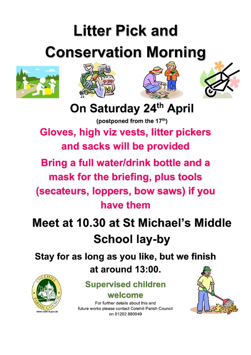 A post lock-down clean-up in the village
Meet at the Lay-by in #Colehill Lane near St. Michael’s School at 10:30 on Saturday 24th
(Nb. this event is postponed from the 17th due to the Duke of Edinburgh’s funeral)
Working in pairs or family groups, finishing at, or around 13:00