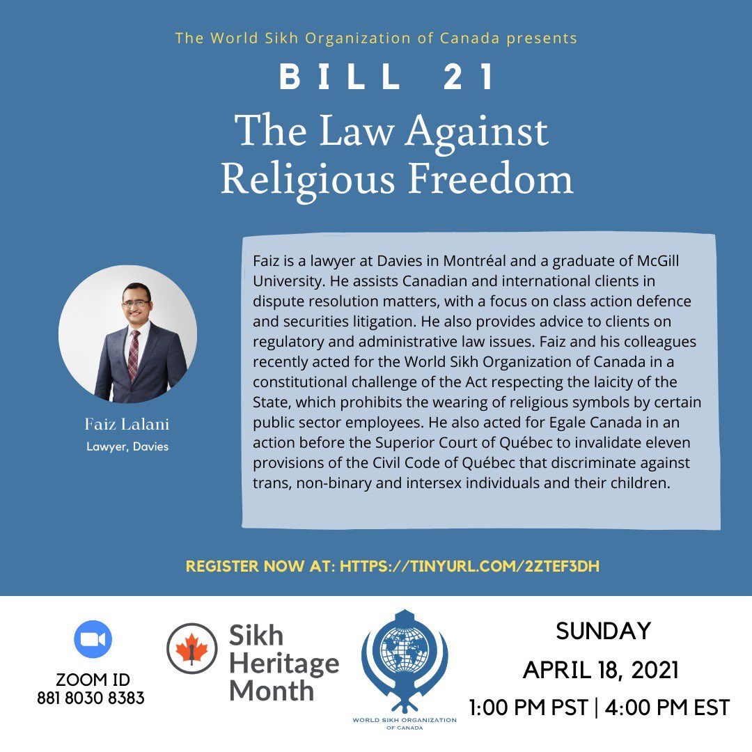 Meet our panelists for #Bill21 The Law Against Religious Freedom @amritkaur015 @BaltejRcmp @Ranjitfrance @faizlalani Join us Sunday Apr 18 @ 4pm EST for @Sikhheritagemonth as we discuss & explore secularism in @Canada & the workplace. Register: tinyurl.com/3dhxf765