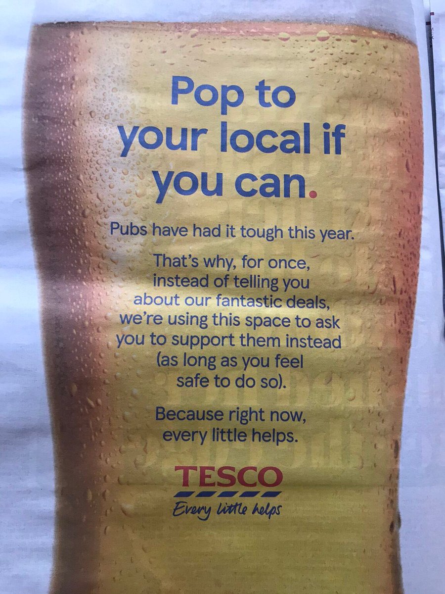 KenHughesIE's tweet photo. Tesco showing the importance of the COMMUNITY #consumer value of the #CaptiveEconomy with this print ad in the UK press, actively encouraging shoppers to buy their alcohol in pubs and not their stores. Community-led #CompassionateCommerce https://t.co/yDn42iyZKW