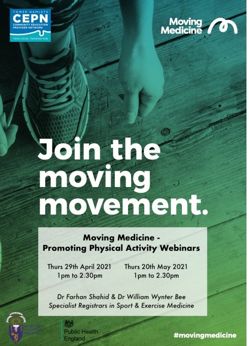 THCEPN's tweet photo. All Tower Hamlets Health and Social care teams welcome to join one of these @movingmedicine webinars on
https://t.co/xUUBO0OyPC (29th Apr)
https://t.co/bfQ2D8EdpH (20th May)
#PromotingPhysicalActivity #JoinTheMovement https://t.co/0VAgmRwMb6