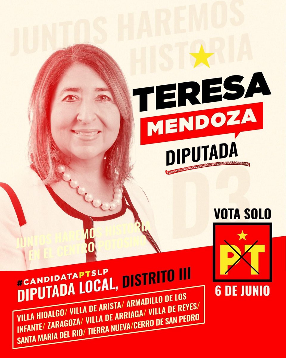 TereMendozaPT's tweet photo. 📢Con Teresa Mendoza tu voz se oirá fuerte en el Congreso
#JuntosHaremosHistoriaEnSLP
#CandidataPT
#PTSLP
#SLP
@PTnacionalMX https://t.co/wUYKNeRaLL