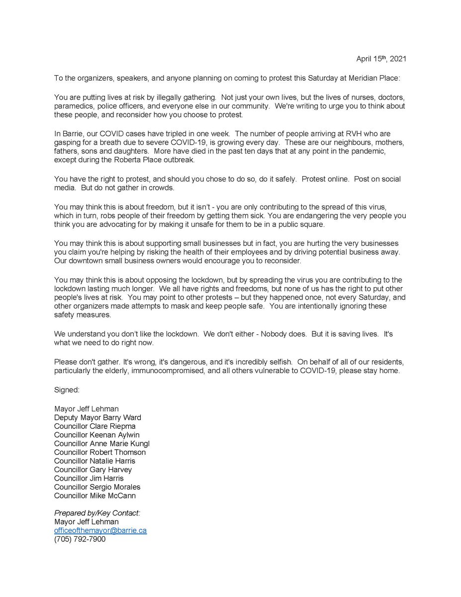 jedi_lehman's tweet image. Please read:  an open letter from Barrie City Council to those who are organizing, speaking at, or planning to attend protests.  Now is the worst possible time.