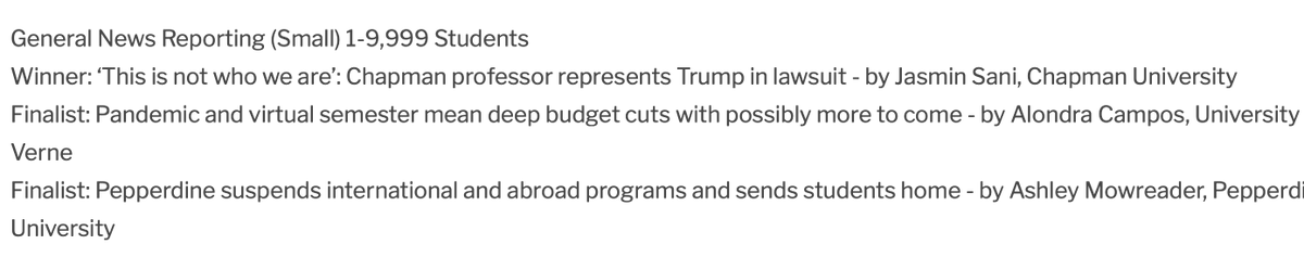 Must say <a href="/10TampaBay/">10 Tampa Bay News</a> is smart to hire a great young journalist in <a href="/ChapmanNews/">Chapman News</a> EP &amp; <a href="/PantherOnline/">The Panther</a> editor in chief <a href="/JasminSani/">Jasmin Sani</a>. Check out one of her six (!) honors from SPJ Mark of Excellence college journalism awards: <a href="/ChapmanU/">Chapman University</a> <a href="/CU_DodgeCollege/">Dodge College of Film and Media Arts</a>