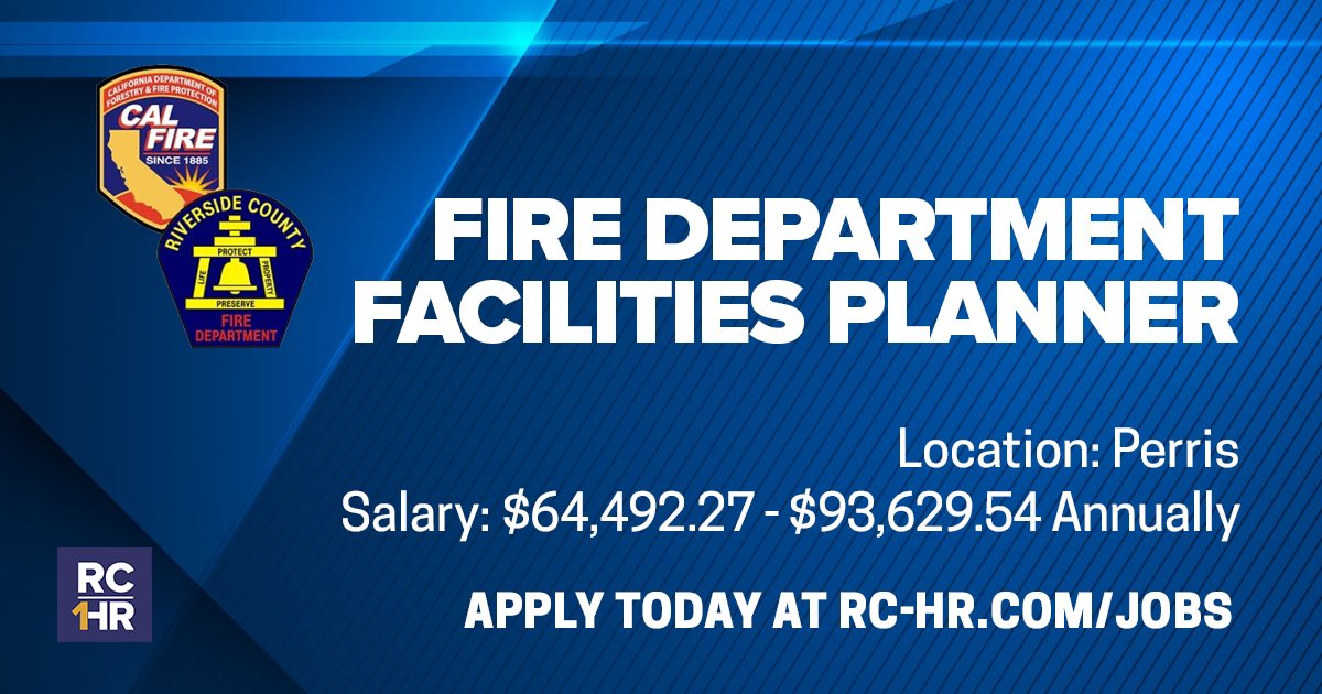 The Riverside a County Fire Department is looking for a Facilities Planner! If you are interested please visit RC-HR.com/jobs for more information! #RivCo1HR #CreateYourPath