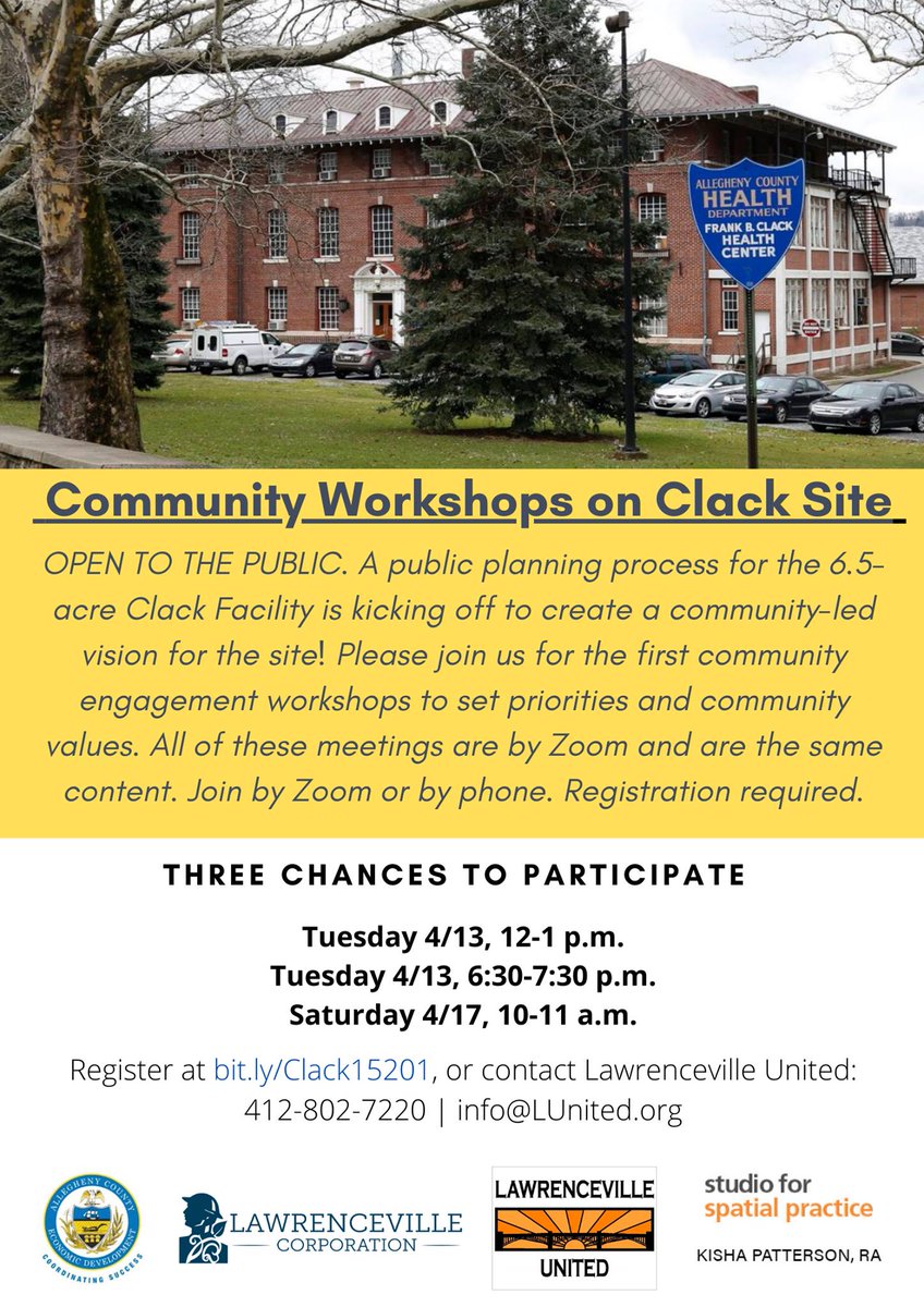 SATURDAY 4/17, 10AM is our 3rd (and final!) public workshop around #Lawrenceville's CLACK SITE. Add your voice to the ~70 community members from the first 2 workshops. RSVP for the interactive virtual workshop w/<a href="/LvilleUnited/">Lawrenceville United</a> &amp; <a href="/lvpgh/">Lawrenceville Corp</a>, &amp; share w/neighbors! bit.ly/Clack15201
