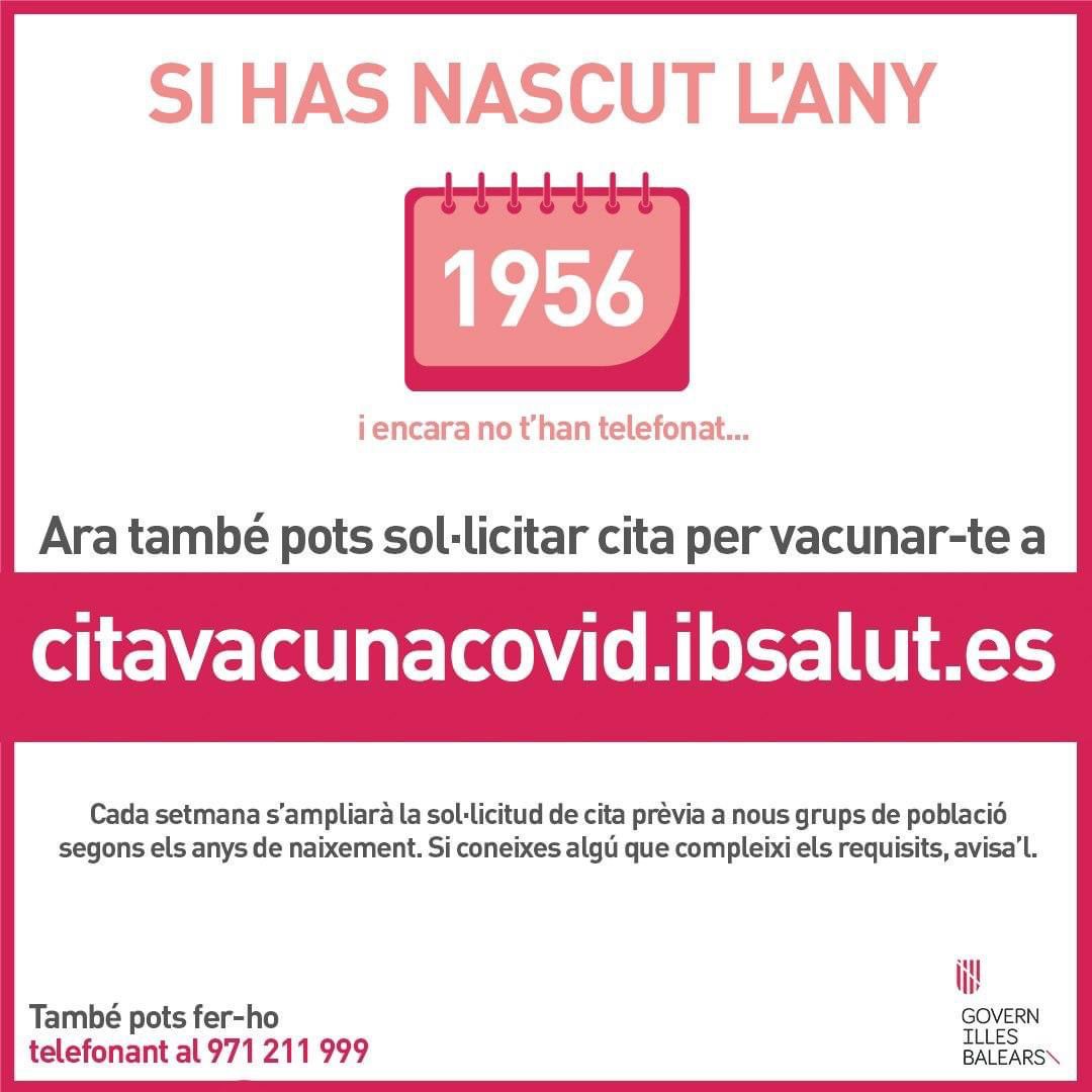 Si has nascut al 1956 i estàs empadronat a les Illes Balears, a partir de demà pots demanar cita per a la vaccinació de la #COVID-19 a través de la nova web de <a href="/ibsalut/">Servei de Salut de les Illes Balears (IB-SALUT)</a>
