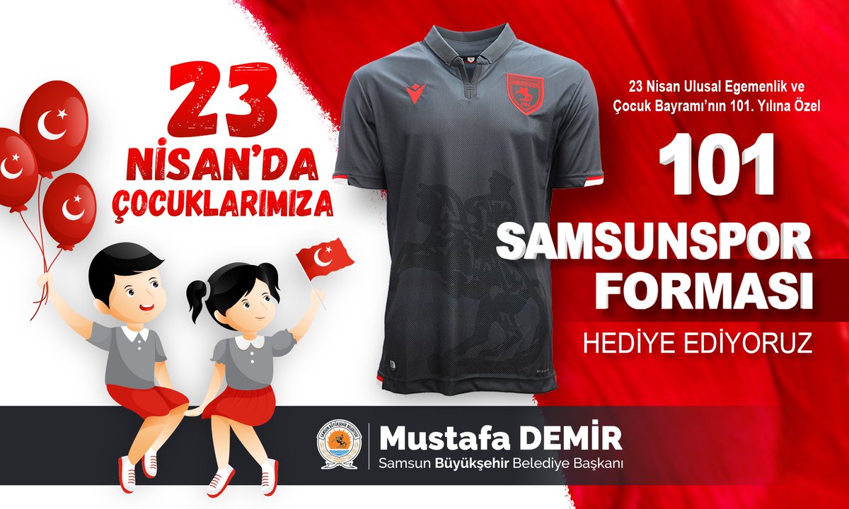 23 Nisan Ulusal Egemenlik ve Çocuk Bayramı'nın 101. yıl dönümünde 101 çocuğumuza Samsunspor forması hediye ediyoruz.

Yapmanız gerekenler;
▪️<a href="/samsunbsb/">Samsun Büyükşehir Belediyesi</a> ve @mustafademirbsb'i takip et
▪️Bu paylaşımı RT et,
▪️En az iki arkadaşını etiketle🥳

📢Kazananlar 23 Nisan'da açıklanacak.