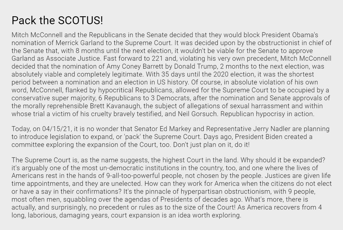 politics_blog_'s tweet photo. wrote an article on why we should pack the Supreme Court, and talked about Mitch McConnell's obstructionist blocking of the nomination of Obama's Merrick Garland, but his willingness to confirm Trump's nominee Amy Coney Barrett.
#SCOTUS #PackTheCourt #PackTheSCOTUS https://t.co/Si0yGACrN2