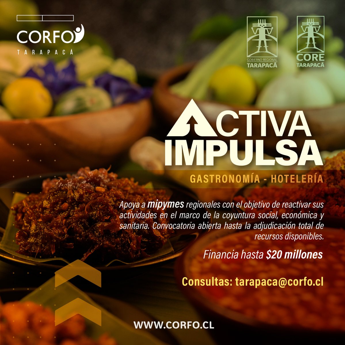 ‼️ATENCIÓN‼️ Ya está abierta convocatoria Activa Impulsa de <a href="/Corfo/">Corfo</a> dirigida a las empresas de hotelería y gastronomía de #Tarapacá.
Subsidia hasta $20 millones. Ventanilla abierta hasta agotar recursos  $239 millones). 💪🚀💻 <a href="/CesarVillanuV/">Cesar Villanueva V.</a> 
Postula en 👉 bit.ly/3uUHX1a