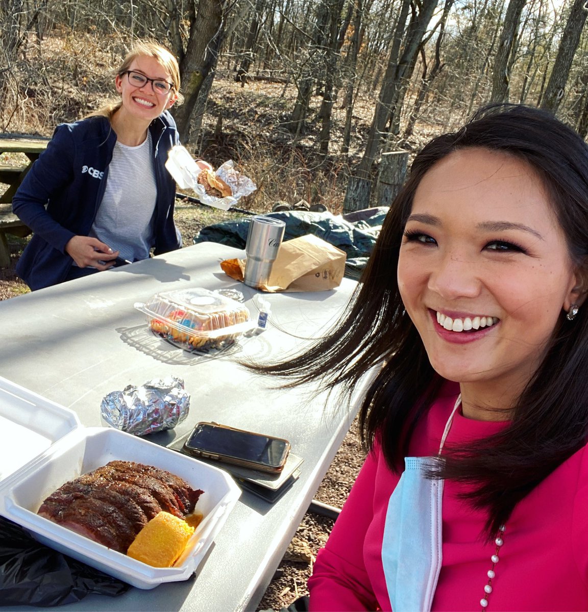 NancyChenNews's tweet photo. When Oklahoma and Texas natives hit the road, it’s smoked BBQ for lunch!! Filming our @CBSThisMorning story in Skippack, PA with @LittleCaitL. https://t.co/cdrsAbf1WR