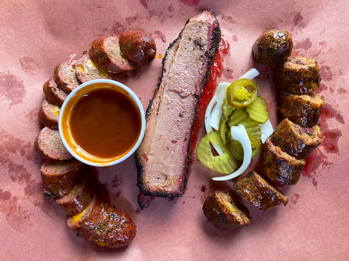 Got a link of cheeseburger sausage, some of the secret stash of Tex-Mex boudin, and a thick slice of lean brisket from <a href="/TheBodaciousBBQ/">Bodacious Mobberly</a>. As good as it always is. #lovethelean