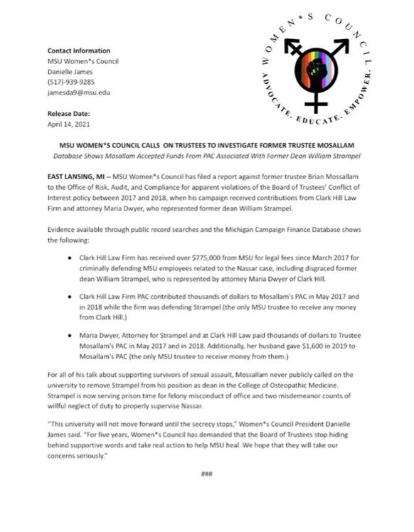 MSUwoco's tweet image. Women*s Council calls on the Board of Trustees to investigate Former Trustee Brian Mossallam and hold him accountable for his actions!!!