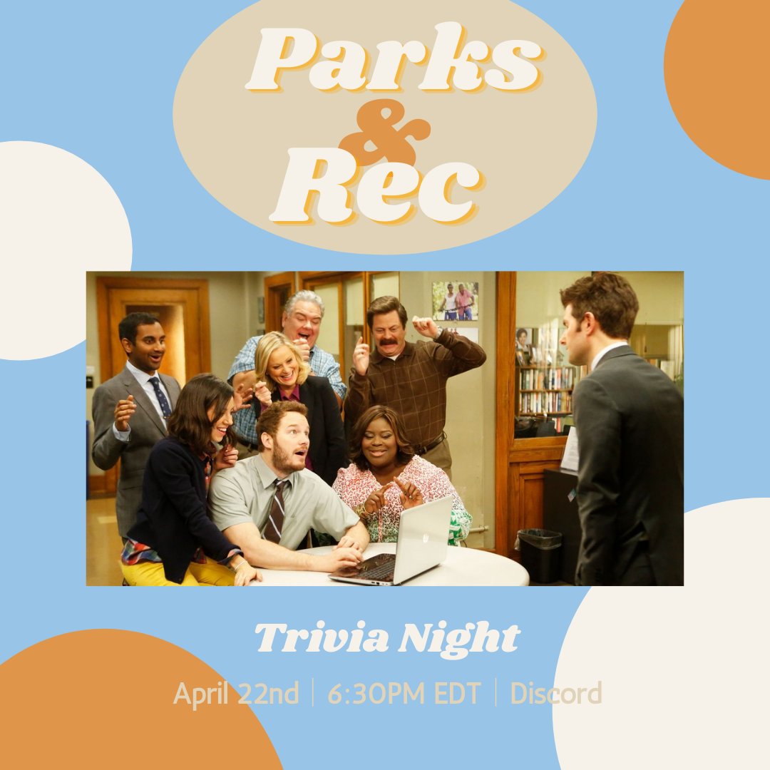 The light at the end of the semester is here! And it looks like it’s a Parks &amp; Rec trivia night! We will be putting your knowledge of P&amp;R Season One to the test in the ultimate trivia challenge! Join us on Discord on April 22nd at 6:30PM EDT for a trivia event for the books!