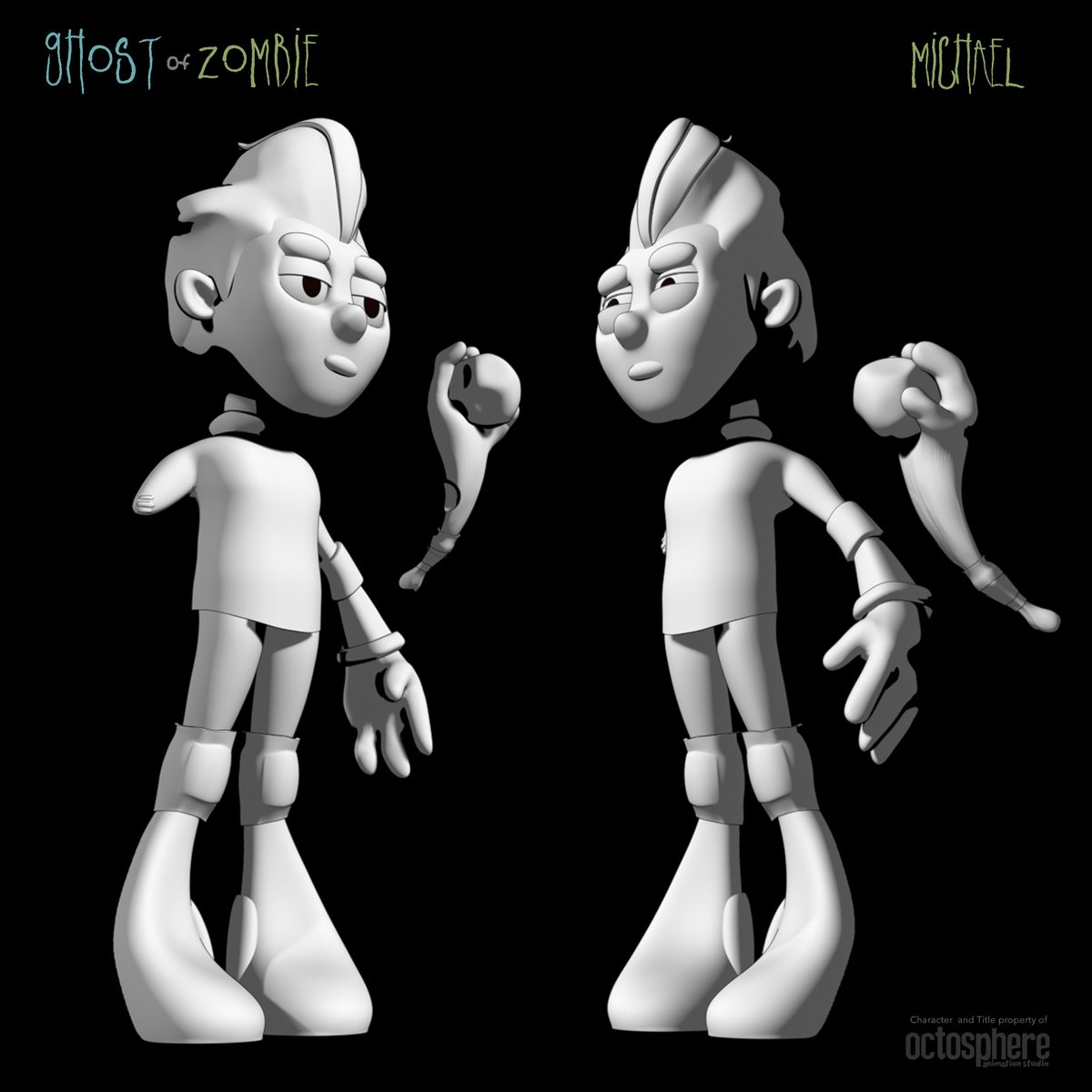 Ghost_of_Zombie's tweet photo. Michael is Ghost/Zombie's sarcastic older brother. He's a lover, not a fighter. This led to the loss his right arm to a zombie bite. His weapon of choice: His living dead arm holding a rock. Michael spends his days as Evelyn's PR sidekick. #animation #cartoon #ghost of #zombie https://t.co/02wBfuE4pt