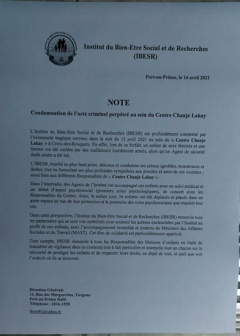 Note de l’Institut du Bien Etre Social #Haïti <a href="/ibesrhaiti/">ibesr</a> suite à l’attaque des #gangs contre les #enfants du centre chanje lakay.