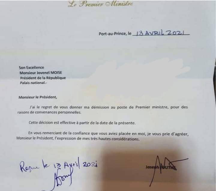 Lettre de démission du Premier Ministre Joseph Jouthe. Article 165 #constitution #Haiti pour les suites nécessaires.