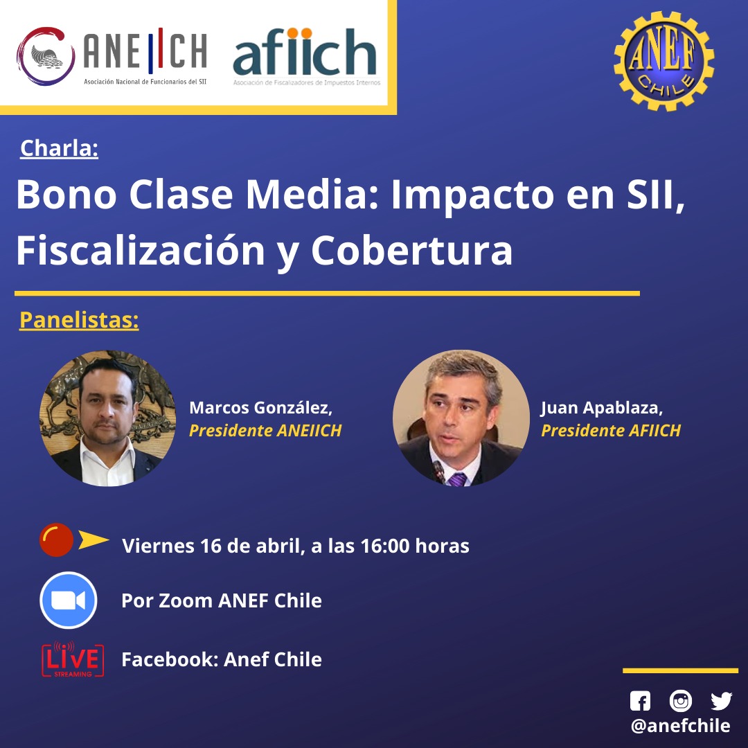aneiich's tweet photo. 📡Charla virtual: #BonoClaseMedia Impacto en @SII_Chile, Fiscalización y Cobertura
🗓 Viernes 16 de abril
⏰16:00 horas
🗣Panelistas:
🔹 Marcos González @magoal09, presidente de #ANEIICH
🔹 Juan Apablaza @fisca1972 , presidente AFIICH @Afiich
📺 #FaceLive @anefchile https://t.co/WkHzaZQqpx