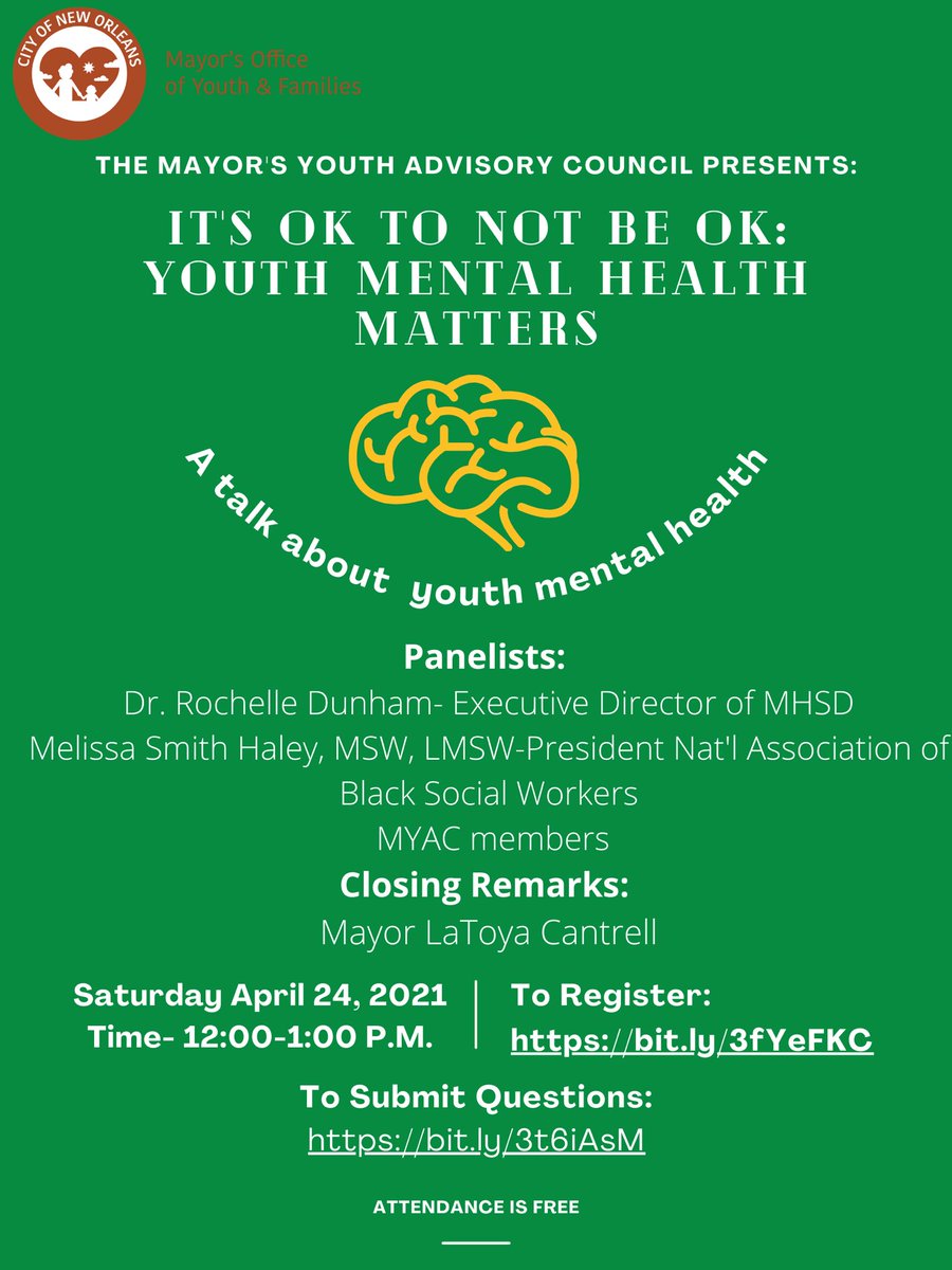 CityOfNOLA's tweet photo. The Mayor’s Youth Advisory Council invites NOLA youth to a virtual town hall to discuss youth mental health in the age of COVID! 

Join the Council and Panelists Dr. Rochelle Dunham and Ms. Melissa Haley, MSW, LMSW, to discuss this important subject.
Link in bio to register! https://t.co/q362BagzxQ