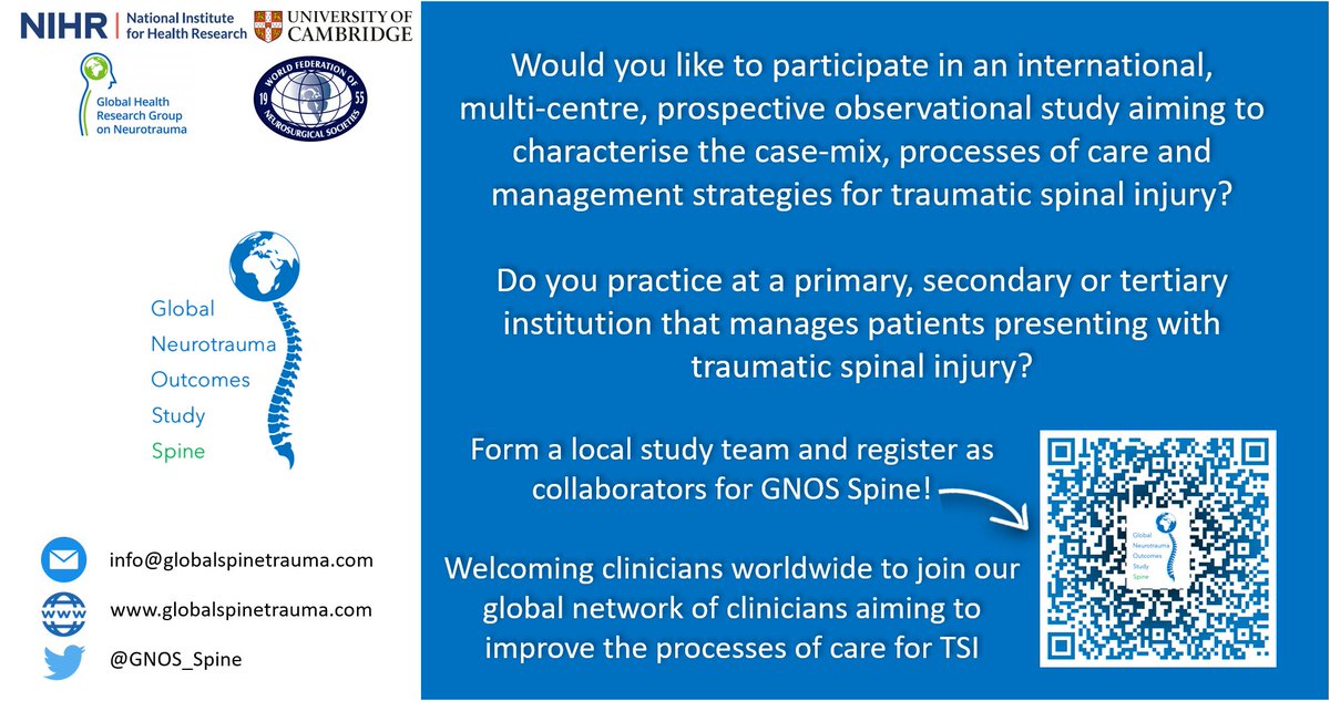 The NIHR Global Health Research Group on Neurotrauma @Global_Neuro are delighted to launch the Global Neurotrauma Outcomes Study: Spine and invite participation from centres around the world!

Details below 👇