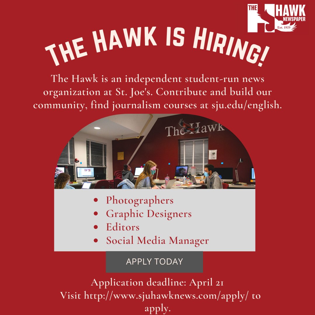 sjuhawknews's tweet photo. The Hawk is hiring for fall 2021! The application deadline has been moved to Wednesday, April 21. Visit https://t.co/2yIk7BKZxl to apply today. https://t.co/1FfrvQf2Ek