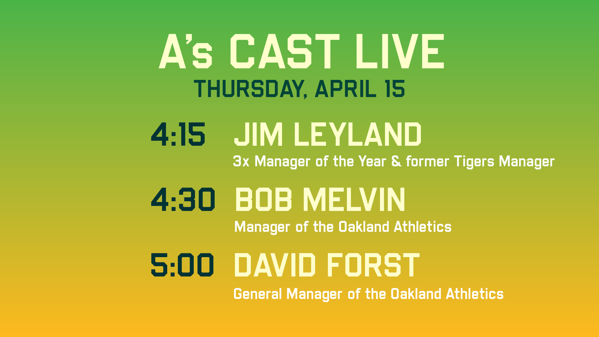 #AsCastLive will be streaming from 4-5:30pm w/ <a href="/townsendradio/">Chris Townsend</a> ahead of @athletics &amp; <a href="/tigers/">Detroit Tigers</a>

GUESTS:
Jim Leyland 4:15
@athletics Bob Melvin 4:30
@athletics GM David Forst 5:00

athletics.com/AsCast 📻