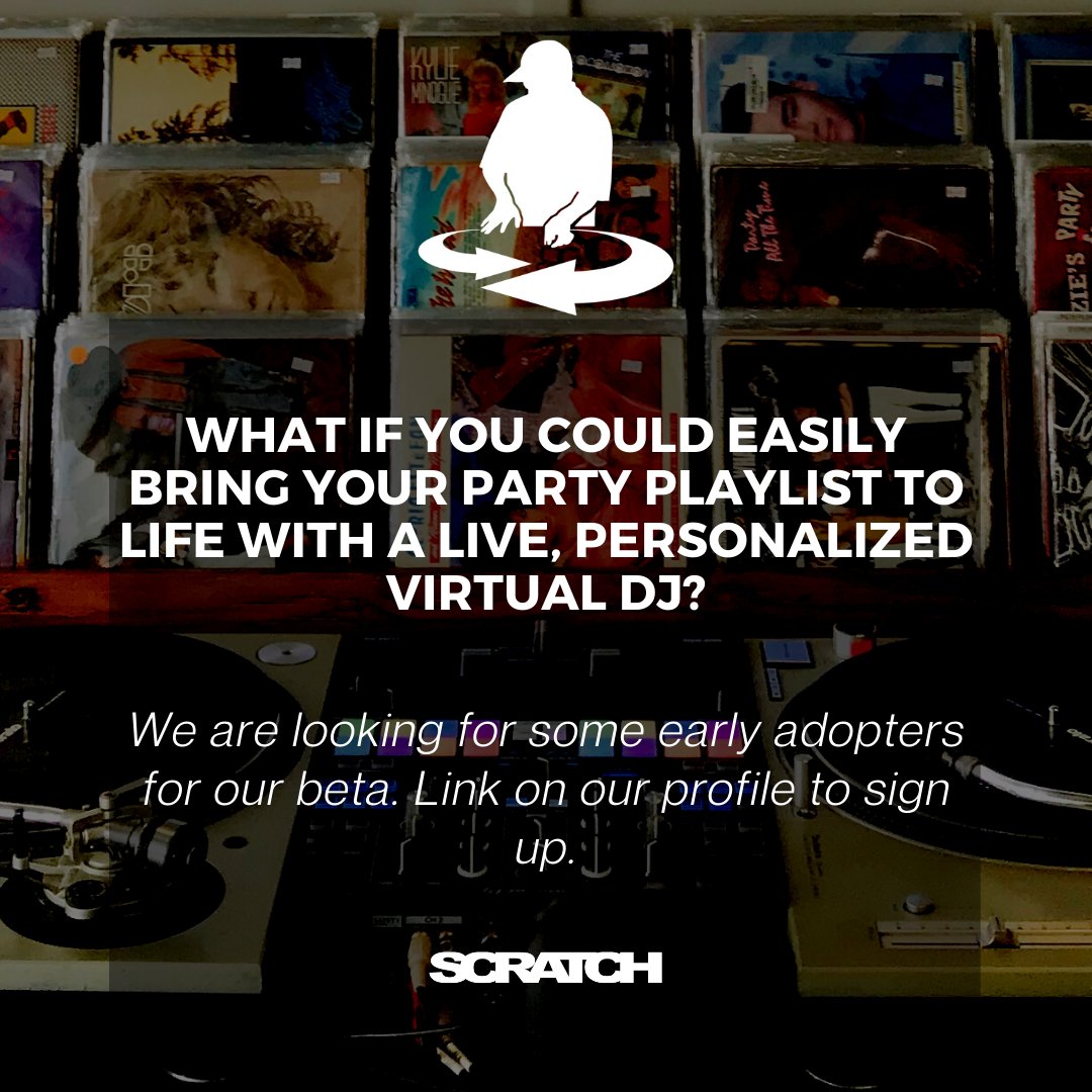 What if Spotify let you order a live, personalized virtual DJ set for your next get-together?

Something exciting is coming.

Sign up below to join our mailing list and be the first in line for news.

scratch.com/dj-app/?utm_so…

#djlife #betatest