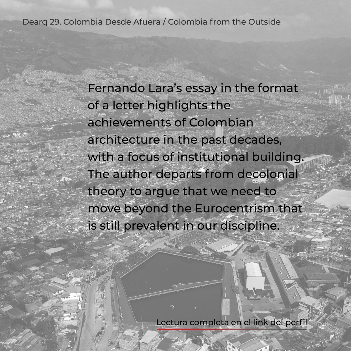 revistadearq's tweet image. An essay in the form of a letter, that highlights the achievements of #Colombianarchitecture in the past decades, with a focus on #institutionalbuilding. It argues about the need to move beyond the #Eurocentrism that is still prevalent nowadays.

doi.org/10.18389/dearq…
