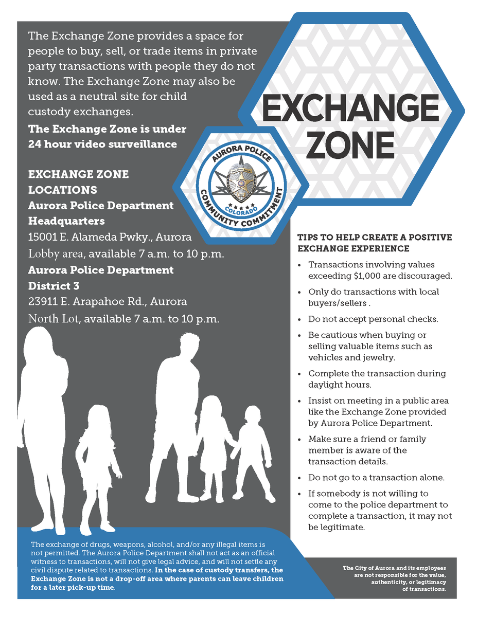 AuroraPD's tweet photo. #ExchangeZone Our Community Relations Section worked to identify places for our community to do exchanges when purchasing items online. #SaferAurora

APD HQ Lobby located @ 15001 E Alameda Pkwy from 7a - 10p daily
APD D3 North Lot located @ 23911 E Arapahoe Rd from 7a - 10p daily https://t.co/z9T619aWTW