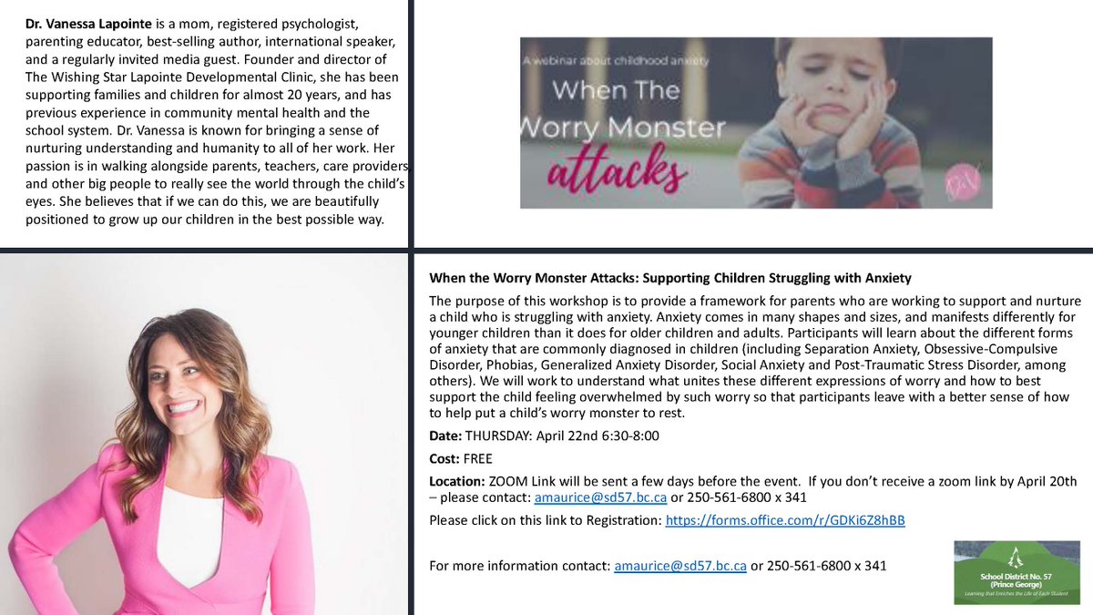 Terrific opportunity for a free online workshop for parents of children struggling with anxiety.
Thursday, April 22nd from 6:30-8:00PM.  Register here: forms.office.com/r/GDKi6Z8hBB