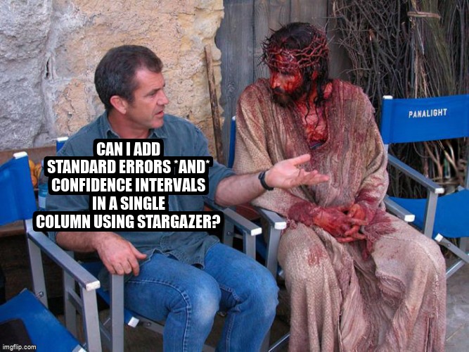 overflow_meme's tweet image. Can I add standard errors *and* confidence intervals in a single column using Stargazer? stackoverflow.com/questions/6711… #standarderror #r #regression #stargazer #confidenceinterval