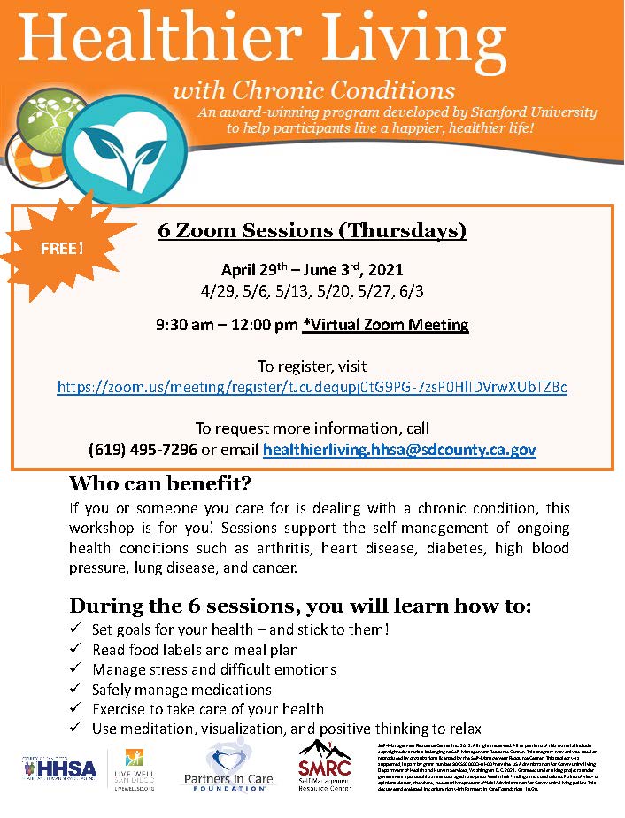 livewell_sd's tweet photo. Healthier Living with Chronic Diseases is a free 6 session program to help encourage self-management skills and create goals that support a healthy lifestyle. Sessions will be held from May to June and more specifics are located on the flyers.
@SanDiegoCounty 
#LiveWellSD https://t.co/sFZwEfOm4N