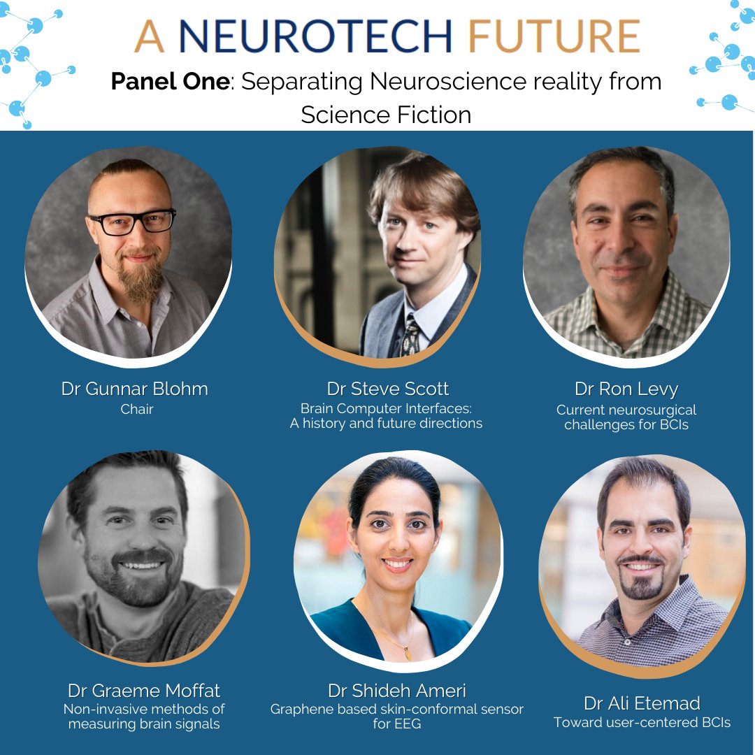 📢 Excited to introduce our first panel, chaired by @GunnarBlohm! We will be hearing from Steve Scott (@ScottLIMBlab), Ron Levy, Graeme Moffat (@graemedmoffat), Shideh Ameri and Ali Etemad. (@QueensEngineer, @QueensU_CNS). Register here: eventbrite.com/e/neurotech-fu…  |#neurotech