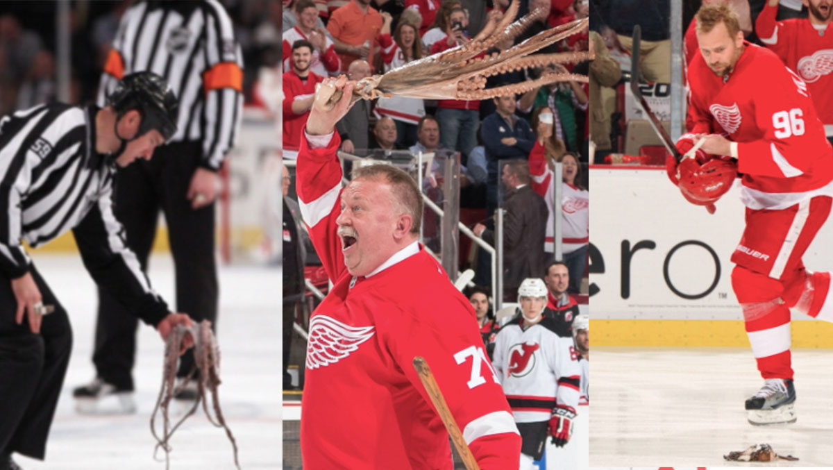 BarDown's tweet photo. The tradition of @DetroitRedWings fans throwing octopus on the ice began 69 years ago today. 🐙

MORE @ https://t.co/o2lP2aDQvl https://t.co/d6YvCrW7mE