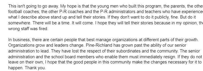 My thoughts about the firing of Coach K and the rest of us. In summary:

- What has happened is shameful

- Administrators "manage" using power and control

- Senior administrators and the school board members who enable them must resign immediately

P-R will be ok. #PRWay