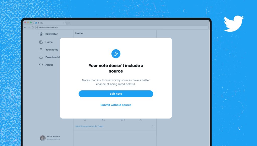 Desktop displaying new Birdwatch nudge