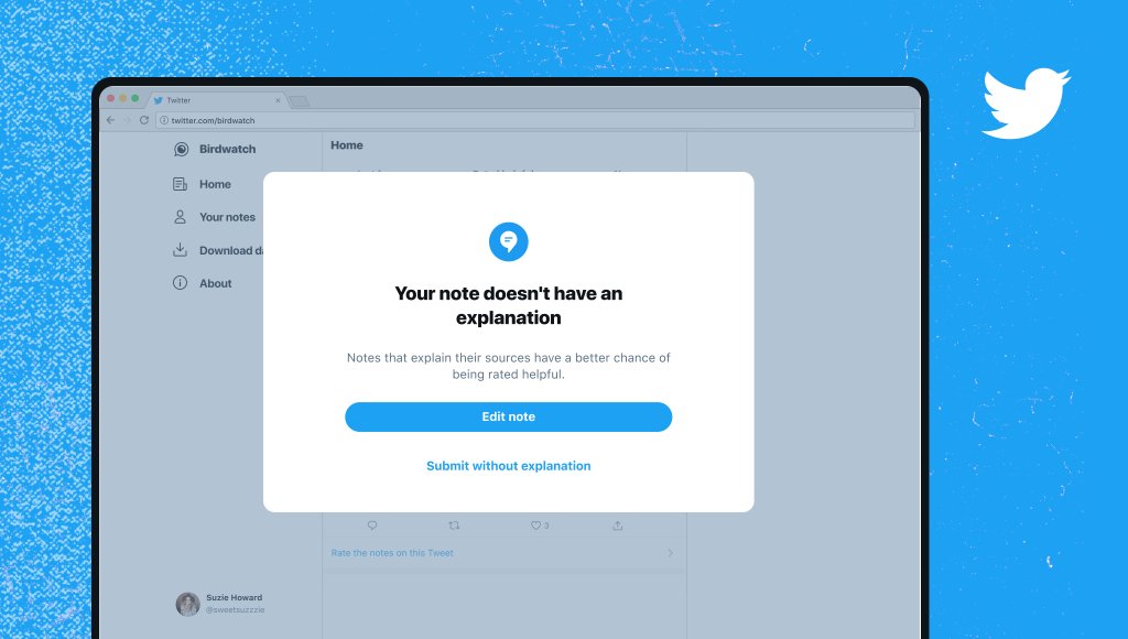 Desktop displaying new Birdwatch nudge