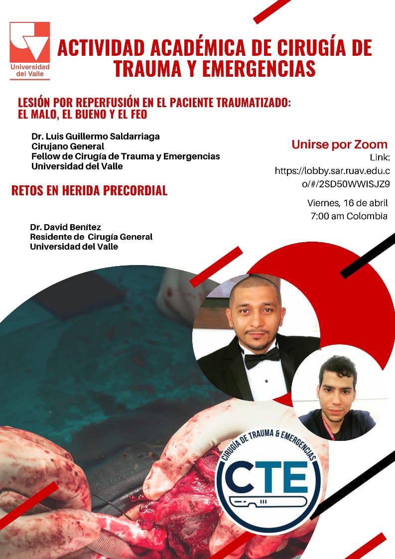 Todos cordialmente invitados a la actividad académica de la sección de cirugía de trauma y emergencias de la universidad Del Valle! lobby.sar.ruav.edu.co/#/2SD50WWISJZ9 <a href="/Cirugiaunilibre/">Cirugía General • Unilibre</a> <a href="/CirugiaUN/">Cirugía General UN</a> <a href="/CirugiaUN/">Cirugía General UN</a> <a href="/CirugiaUdC/">Cirugía UniCartagena</a> <a href="/CirugiaUis/">Cirugía General UIS</a> <a href="/CirugiaUsabana/">Departamento de Cirugía Universidad de La Sabana</a> <a href="/ascolcirugia/">AsColCirugía</a>