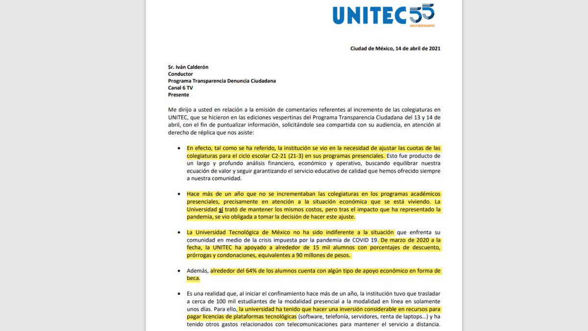 canal6tv's tweet photo. Tras las demandas que se han dado a conocer a través de @canal6tv respecto al alza de las colegiaturas en la @UNITECMX , la universidad ha respondido a los alumnos inconformes y les pide ¡Comprensión! 

¿Qué piensa al respecto?

Toda la información en👇
https://t.co/vIq6GDCBa3 https://t.co/NinaGD4MS9