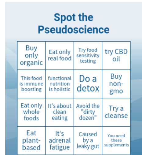 BuildUpRDNs's tweet photo. Wondering whether that influencer/MD/health coach/dietitian etc  is legit?  Here's a handy bingo card to assess the PSEUDOSCIENCE.  Look for any of these phrases in their blog, Instagram or Facebook posts. https://t.co/hJWF0OQ2zT