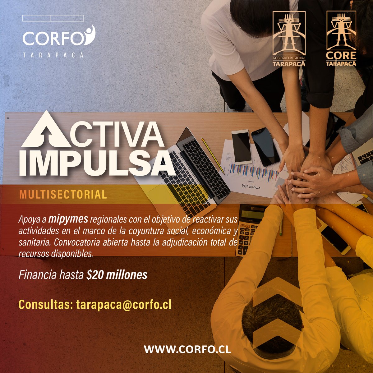 ‼️IMPORTANTE‼️ Ya está abierta convocatoria Activa Impulsa <a href="/Corfo/">Corfo</a> dirigida a todos los sectores económicos de #Tarapacá.
Subsidia hasta $20 millones. Ventanilla abierta hasta agotar recursos que alcanzan a $478 millones. 💪🚀💻 <a href="/CesarVillanuV/">Cesar Villanueva V.</a> 
Postula👉 bit.ly/3uQWs60